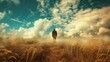 A man in a suit stands in the center of the image with his back to the camera. He is in a wide, open field of tall, golden wheat that shimmers under a vast sky filled with dynamic, textured clouds. Th