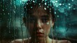 The image features a close-up of a person's face, looking directly at the camera with a thoughtful or introspective expression. Water droplets cover the surface in the foreground, suggesting that the 
