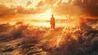 A silhouette of a person stands amidst dramatic, turbulent waves during a beautiful sunset. The waves appear to be crashing around the individual with a dynamic and somewhat chaotic energy. The sun is