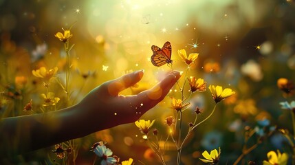 Wall Mural - An outstretched human hand gently holds a butterfly against a backdrop of vibrant yellow flowers. The sunlight creates a warm, golden atmosphere, with light flares and sparkling particles floating in 