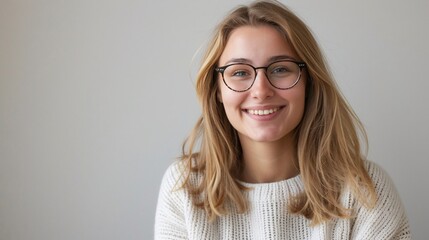 Wall Mural - a portrait of a smiling blonde woman in glasses wearing a white sweater