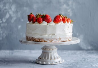 Wall Mural - Tall and thin white cake with strawberries on top