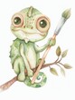 A cute happy baby chameleon with a paint brush, a simple watercolor clipart against a white background