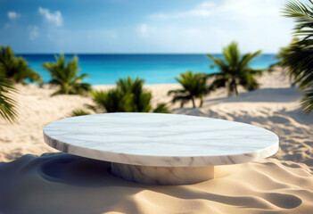 Wall Mural - 'Marble podium tropical sand over blurred sea background'