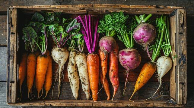 a composition of root vegetables (carrots, turnips, beets) in a wooden box generative ai