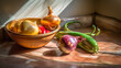 Still life with onions and peppers on a wooden kitchen table in the sun. Country cuisine.