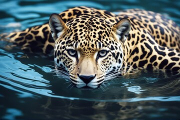 Wall Mural - 'ving animal beautiful water jaguar diving swimming skin panther pattern portrait closeup abstract spot background beast big black macro detail brown camouflage carnivore cat cheetah danger dangerous'