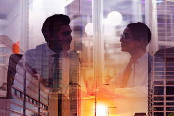 Poster - Double exposure of business partners and cityscape