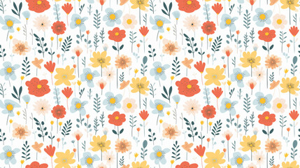 Canvas Print - A seamless pattern of colorful flowers and leaves on a white background.