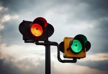 'lights traffic yellow red sky green stoplight light blue signal background colours cloud stop go no object concept colourful change signs city space safety set'