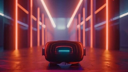 Poster - Virtual Reality Headset in Neon-Lit Corridor