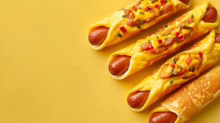 Wall Mural - Rolled omelet hotdog sausage for simple breakfast copy space isolated yellow