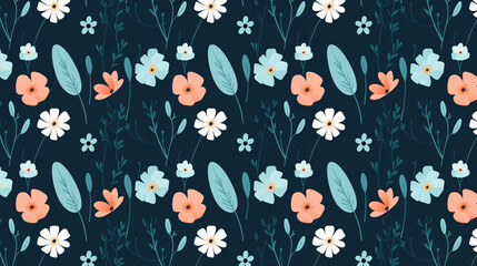 Poster - A seamless pattern of cute cartoon flowers and leaves on a dark blue background.