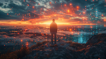 Poster - A person's silhouette gazing at a horizon where the digital and natural coexist