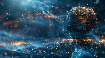 Poster - A mind overflowing with glowing data particles, set against a tranquil dark blue scene