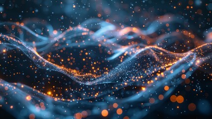 Poster - A mind overflowing with glowing data particles, set against a tranquil dark blue scene