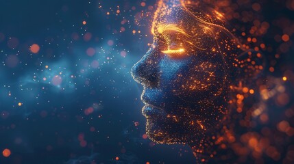 Poster - A mind overflowing with glowing data particles, set against a tranquil dark blue scene