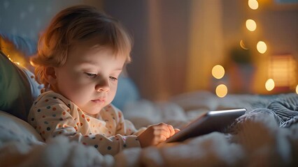 Aufkleber - Little Girl Sitting on Bed, Looking at Tablet