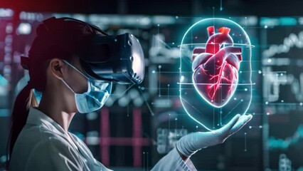 Poster - Woman in White Lab Coat Holding Virtual Heart