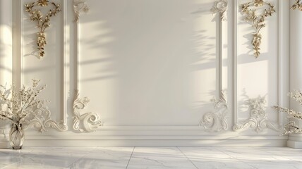 Wall Mural - Elegant white interior with decorative wall molding and natural light