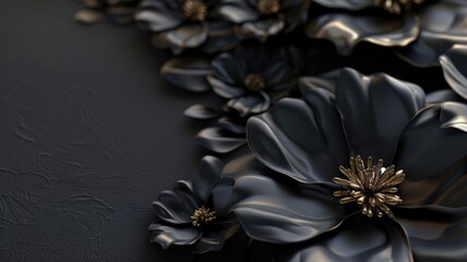 Wall Mural - Black metallic flowers with golden centers on dark background