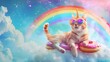 The cat unicorn in sunglasses with a color donut is sitting on the cloud like a couch. The rainbow is behind him. Stars background.