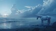 The centaur unicorn meets the strange horse on the beach of the sea.