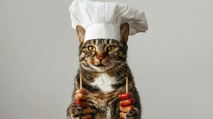 The chef cat holds the sausages on the barbecue wooden skewers. White background.