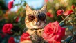 The funny cat in heart shaped sunglasses takes a selfie with red rose. Background of roses.