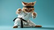 The karate cat in a white kimono with a black belt and headband gets ready to fight. Isolated.