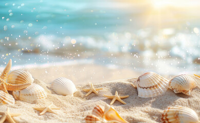 Wall Mural - Seashells and starfish on sandy beach with sparkling ocean background