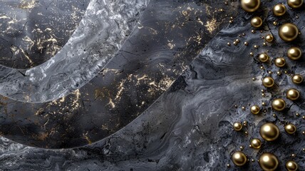 Wall Mural - Elegant dark gray marble texture with gold streaks and spherical golden decorations