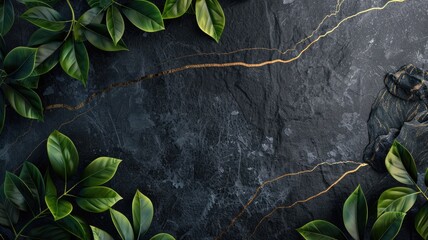 Wall Mural - Green leaves on dark stone texture with gold veins