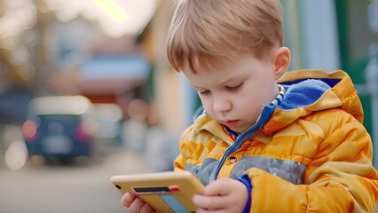 Aufkleber - Little Boy in Yellow Jacket Playing With Tablet
