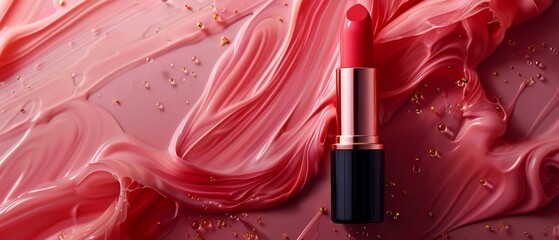 Close-up image of a pink lipstick on a pink background. The lipstick is shiny and has a glossy finish.