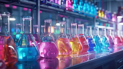 Wall Mural - Vibrant science lab with colorful liquid flasks - A high-tech laboratory filled with multicolored chemical solutions in various glass containers, symbolizes innovation and discovery