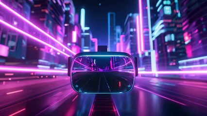 Poster - Virtual Reality Headset Displaying Futuristic Cityscape at Night