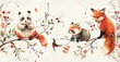 Colorful wildlife illustration with panda and fox - A whimsical illustration showing a playful panda, a sly red fox, and vibrant flora on a serene backdrop, invoking joy and curiosity