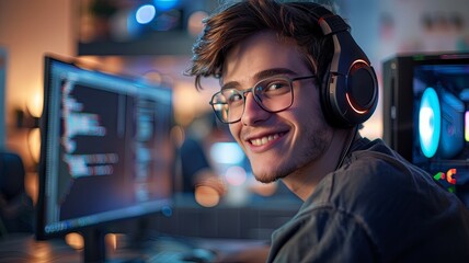 Smiling young developer with headset and glasses - Portrait of a cheerful male programmer working at his station with dual monitors, the glow of screens illuminating his face