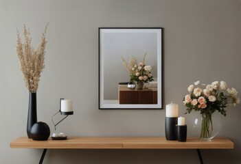 Sticker - room interior glassy beautiful console mock wooden rings brown modern wall scandinavian vase frame Stylish flowers poster