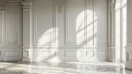 Wall Mural - Elegant white interior with classical design, sunlight casting soft shadows