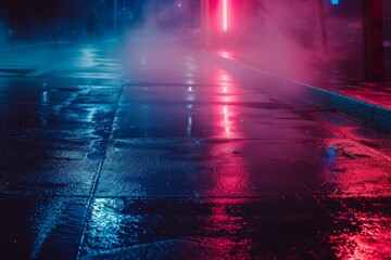 Neon lights and smoke on wet street