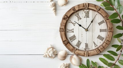 Wall Mural - Blank mockup of a coastal themed wall clock with a weathered driftwood frame and seashell accents. .