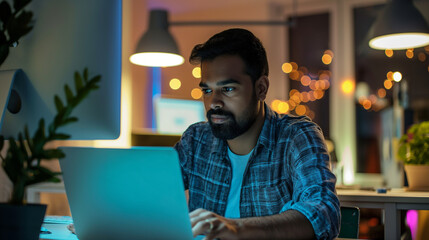 Poster - an Indian software engineer working on laptop in modern office, portrait of a man working on laptop 