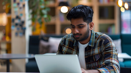 Poster - an Indian software engineer working on laptop in modern office, portrait of a man working on laptop 