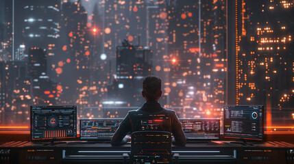 Poster - man working on cyber security, ethical hacker cyber security expert