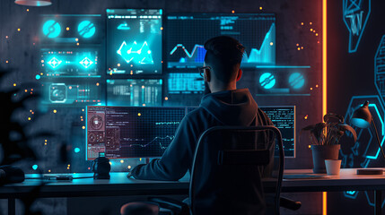 Poster - man working on cyber security, ethical hacker cyber security expert