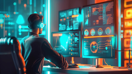Poster - man working on cyber security, ethical hacker cyber security expert