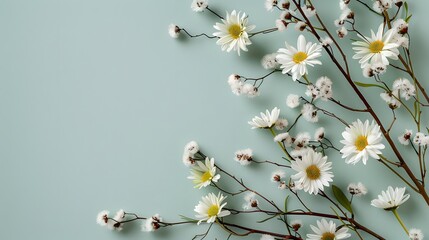 Beautiful spring floral composition with white daisies and willow branches on a light green background, shown in a flat lay top view. A bouquet of fresh daisy flowers and small fluffy catkins is lying