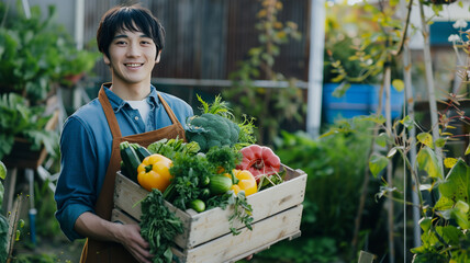 Sticker - 収穫した野菜を持つ男性